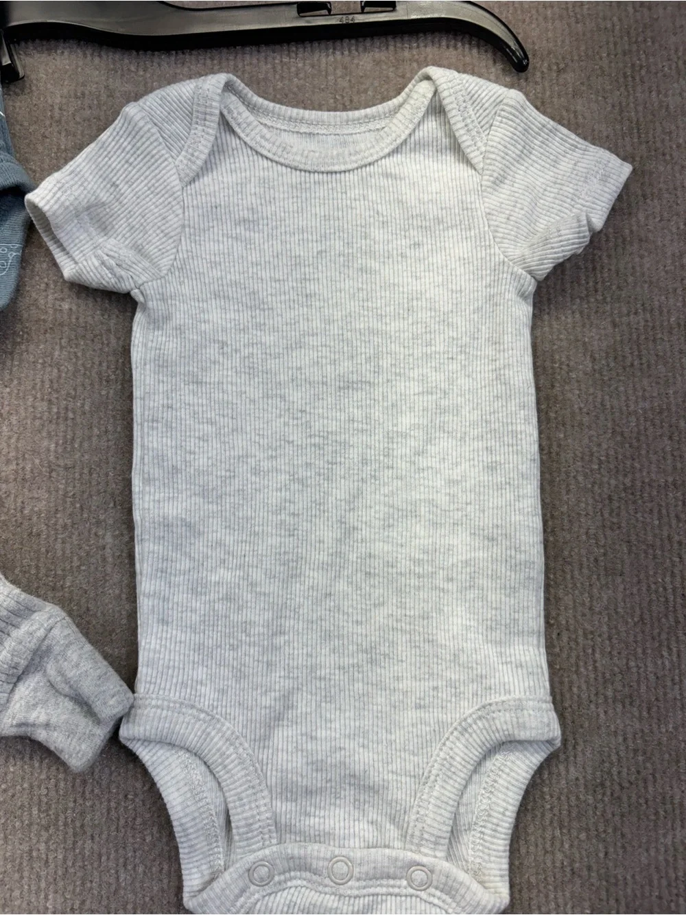 Newborn lot White oneis with frogs, blue/gray with clouds and ribbed gray/white.